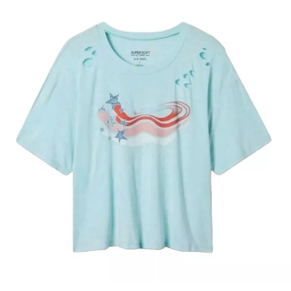 Torrid Cropped T-shirt Slub USA Patriotic Distressed Blue Wash Woman Plus 2X New
